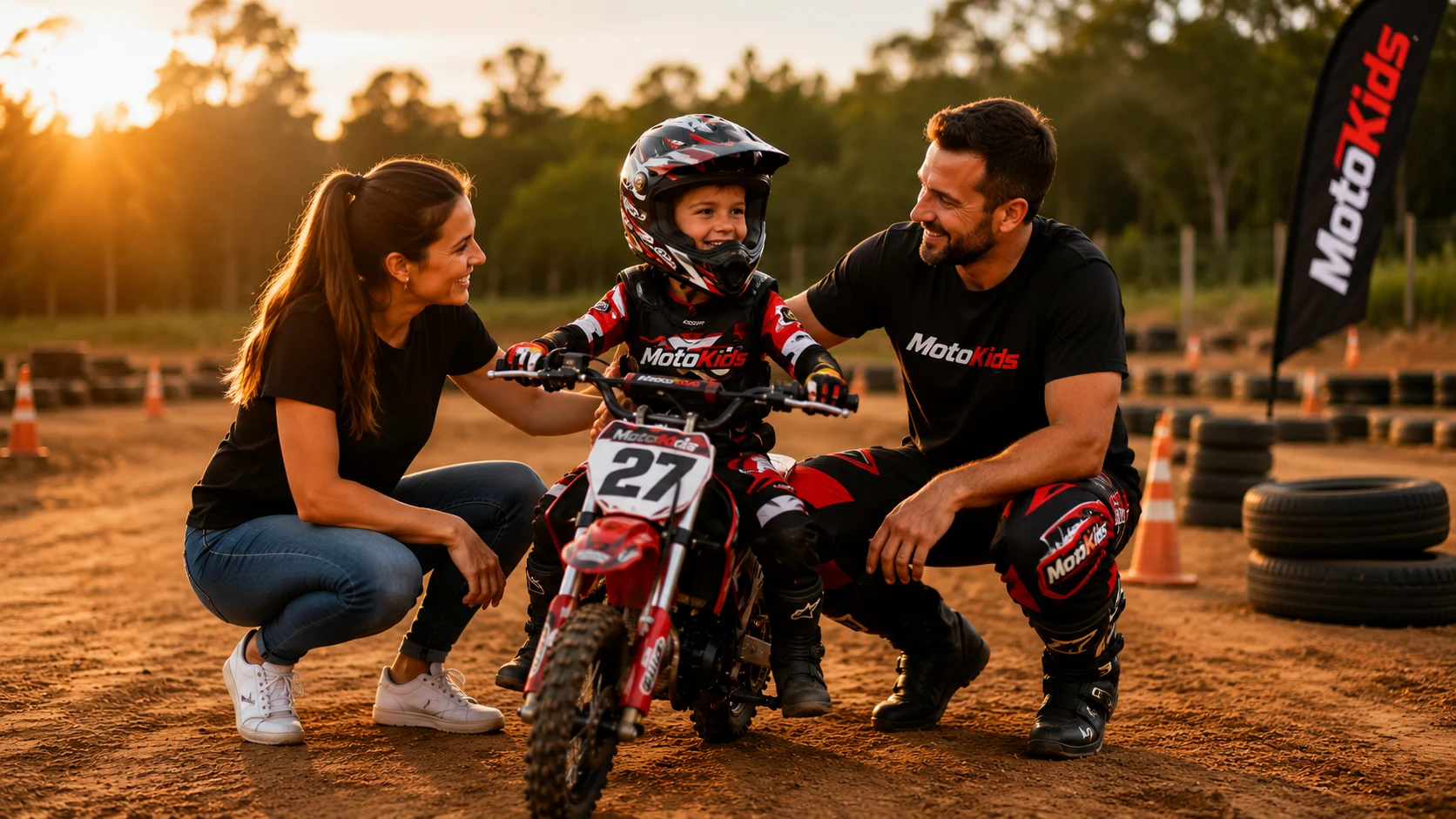 Família a acompanhar uma criança numa mini motorizada